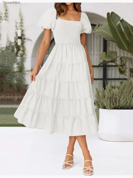 Summer Square Neck Puff Sleeve Smocked Midi Dress High Waist Flowy Tiered - Picture 4 of 7